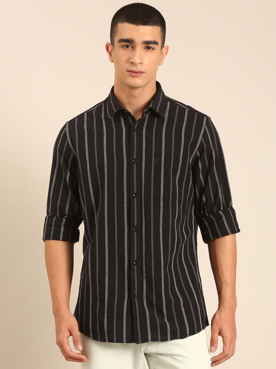 CAVALLO by Linen Club Men's Blended Linen Black Striped Contemporary Fit Full Sleeve Casual Shirt