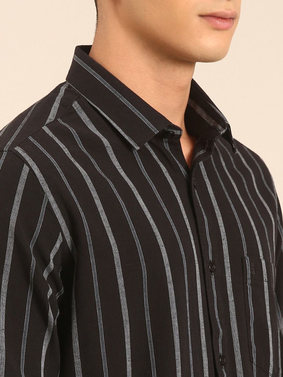 CAVALLO by Linen Club Men's Blended Linen Black Striped Contemporary Fit Full Sleeve Casual Shirt