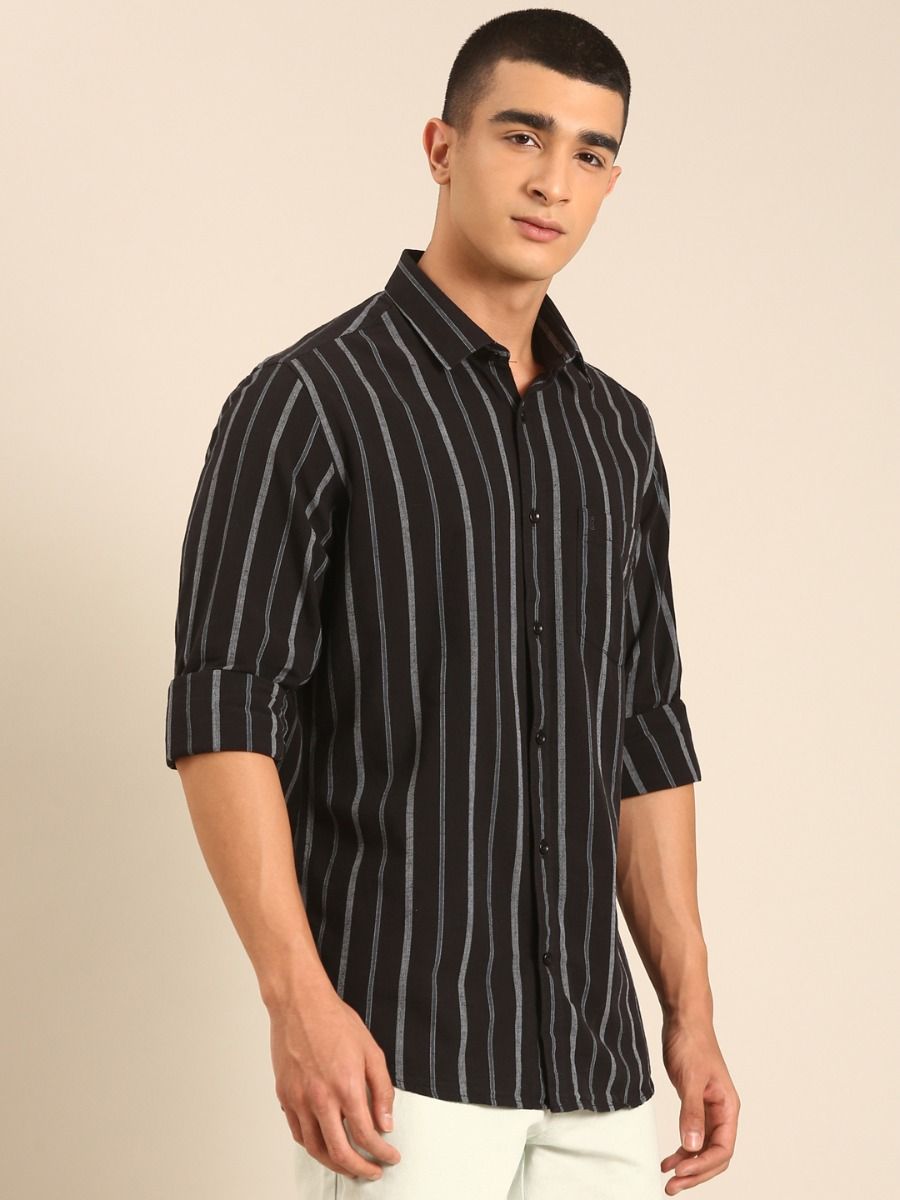 CAVALLO by Linen Club Men's Blended Linen Black Striped Contemporary Fit Full Sleeve Casual Shirt