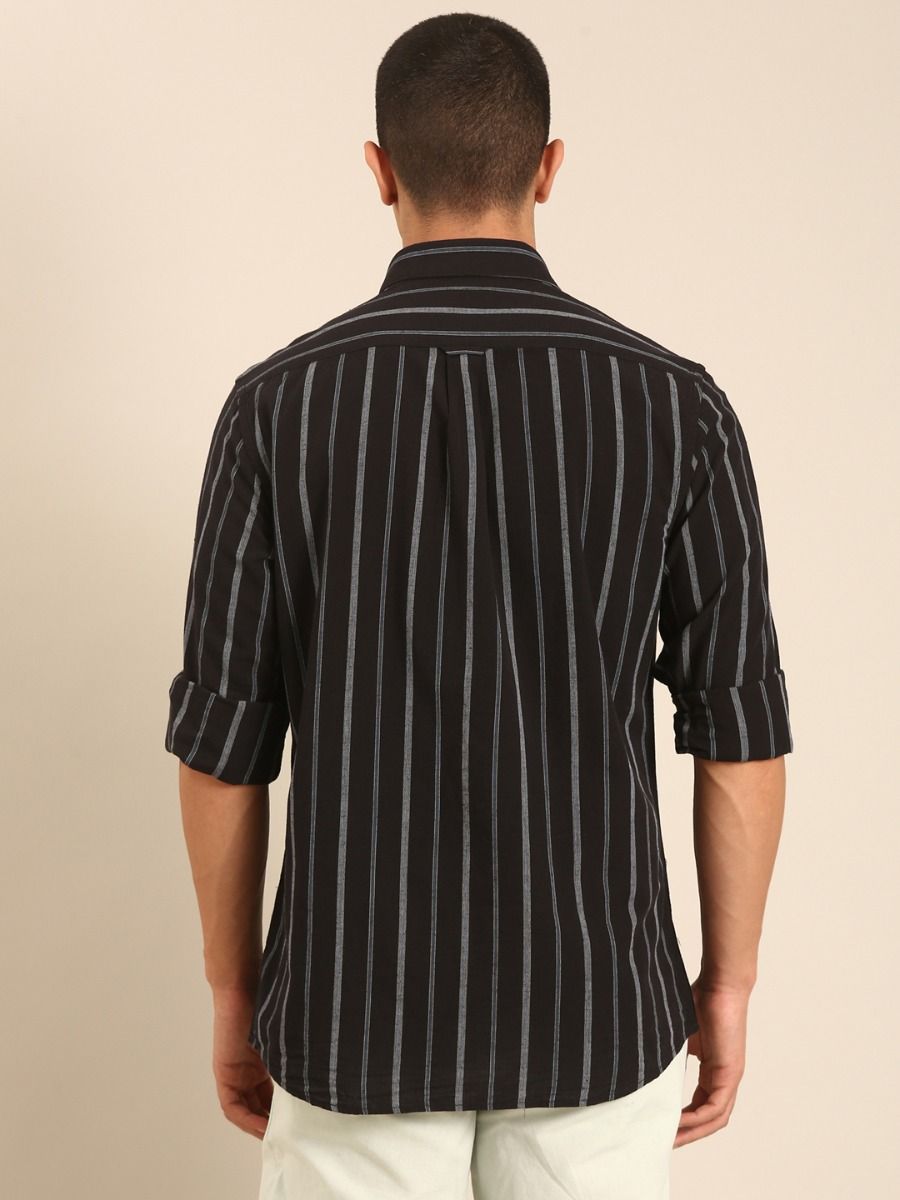 CAVALLO by Linen Club Men's Blended Linen Black Striped Contemporary Fit Full Sleeve Casual Shirt