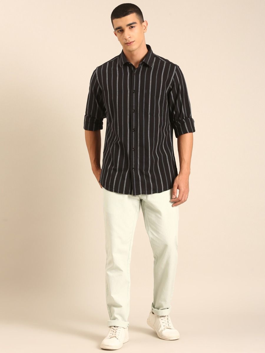 CAVALLO by Linen Club Men's Blended Linen Black Striped Contemporary Fit Full Sleeve Casual Shirt