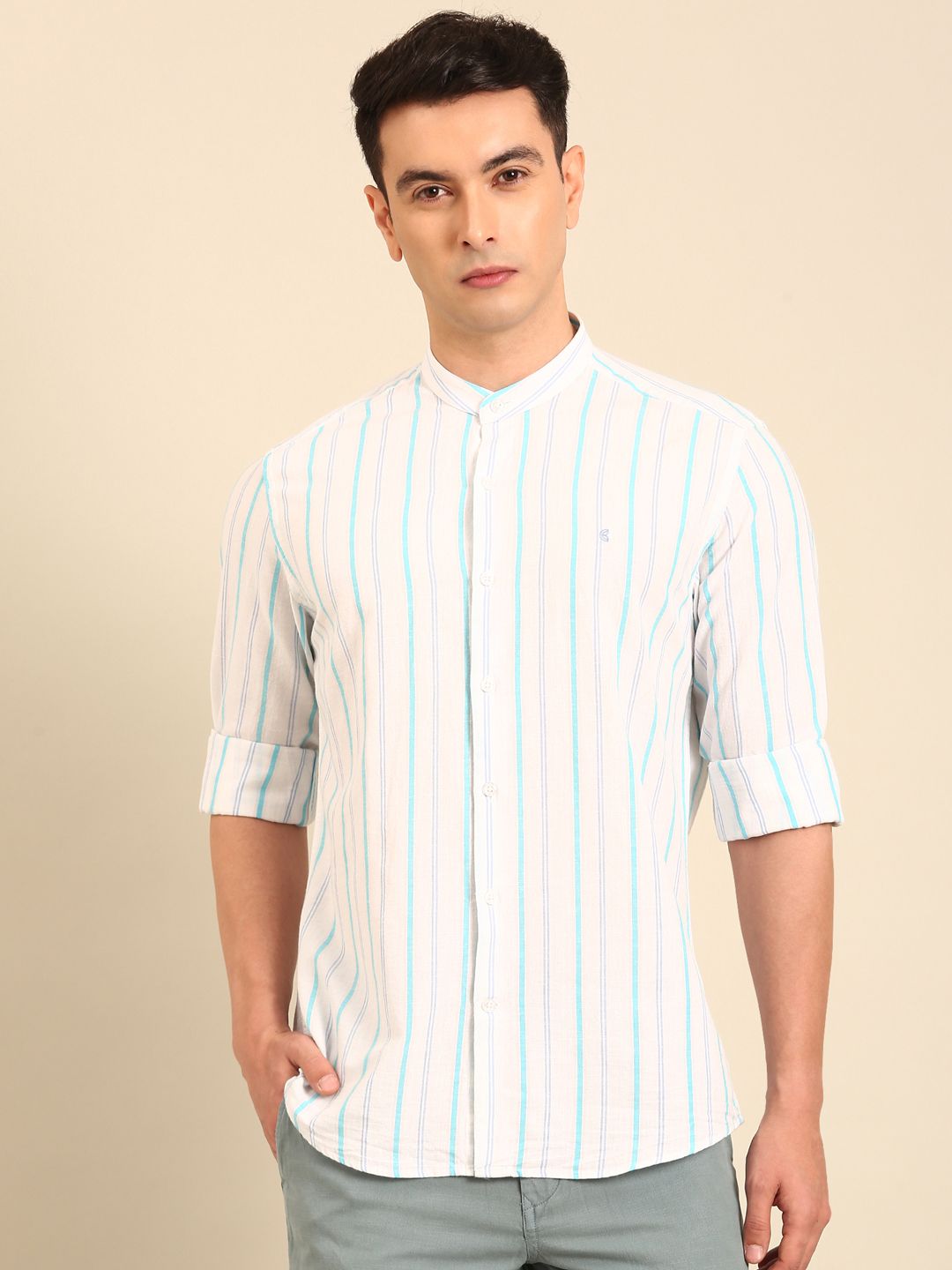 CAVALLO by Linen Club Men's Blended Linen White Striped Contemporary Fit Full Sleeve Casual Shirt