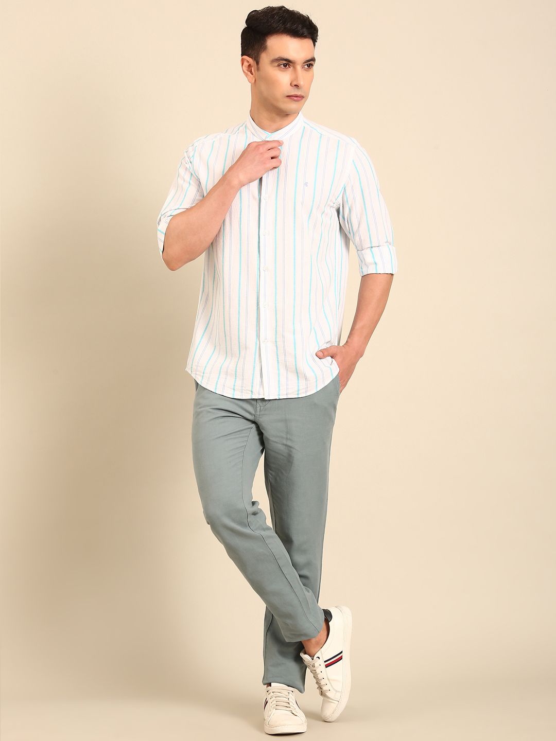 CAVALLO by Linen Club Men's Blended Linen White Striped Contemporary Fit Full Sleeve Casual Shirt