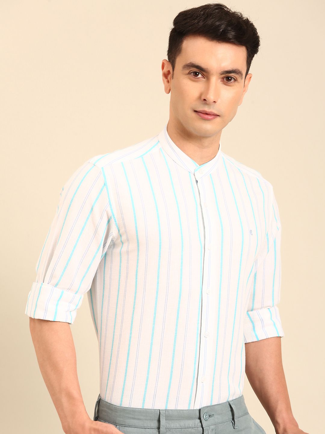 CAVALLO by Linen Club Men's Blended Linen White Striped Contemporary Fit Full Sleeve Casual Shirt
