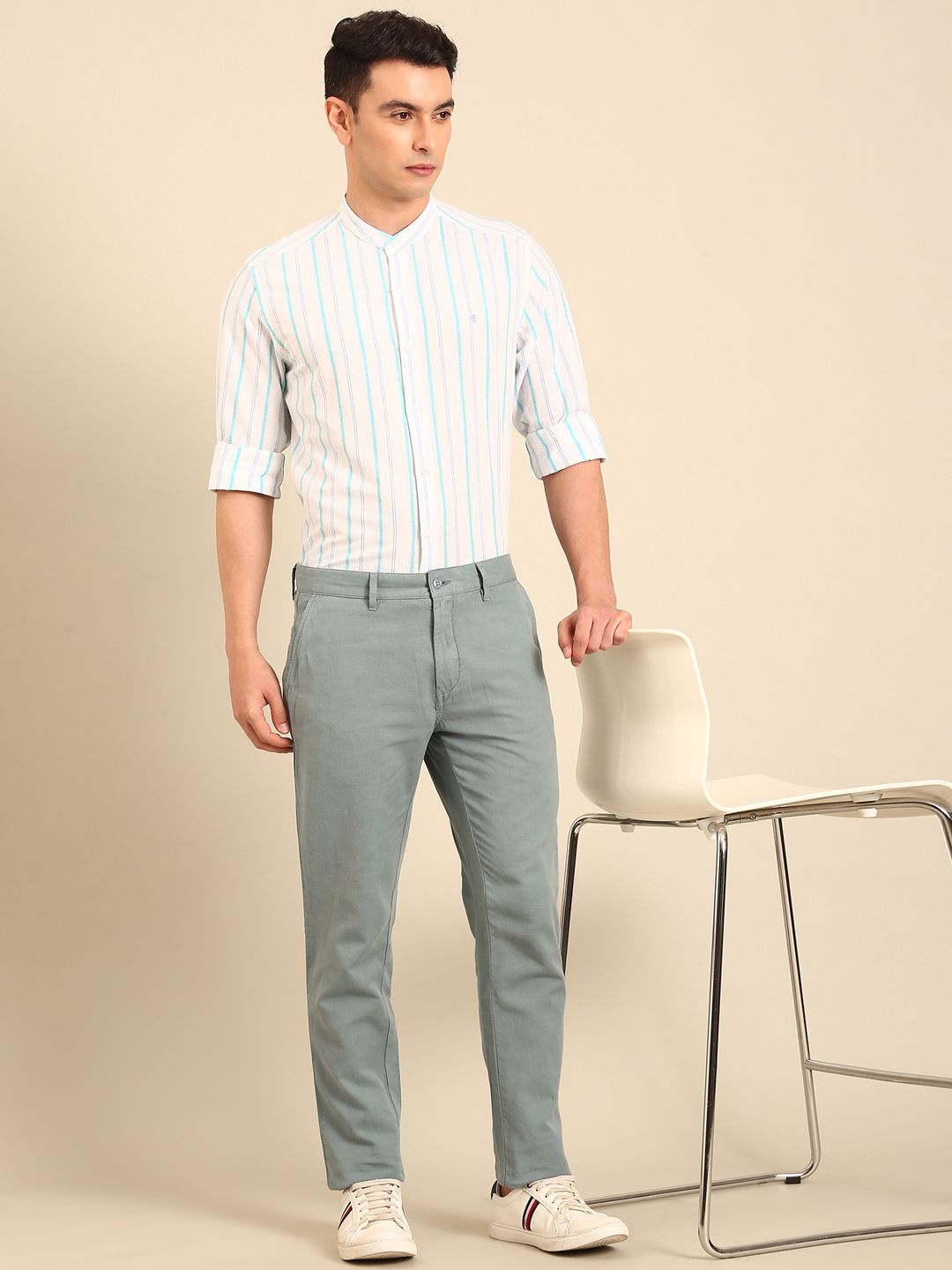CAVALLO by Linen Club Men's Blended Linen White Striped Contemporary Fit Full Sleeve Casual Shirt