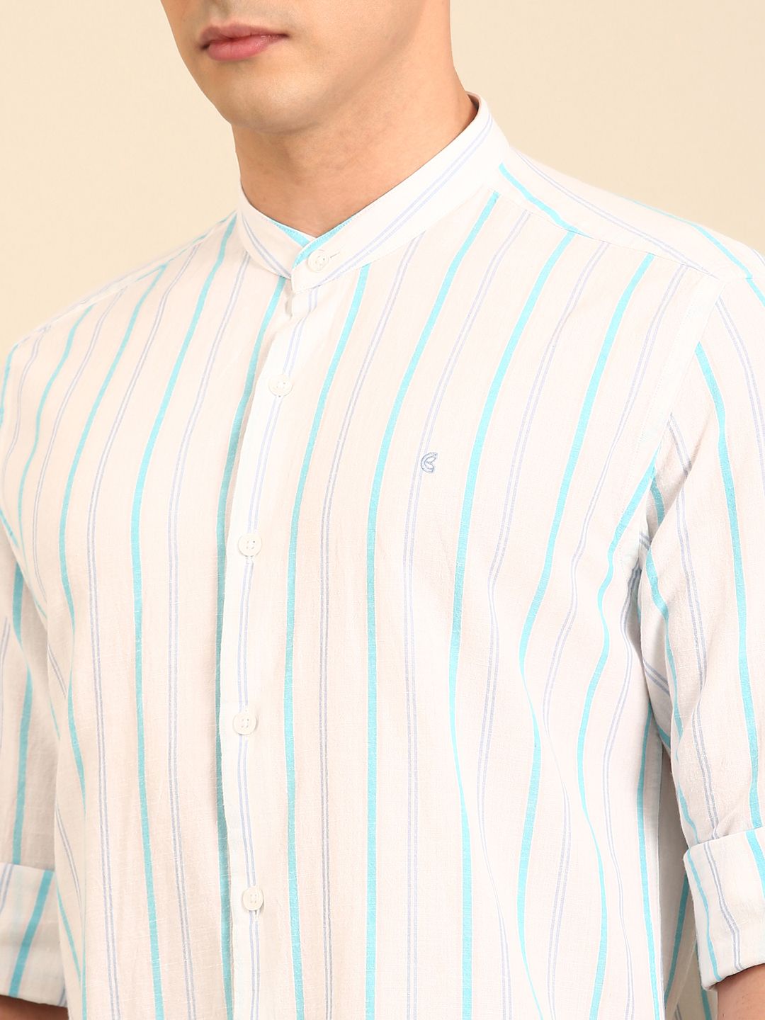 CAVALLO by Linen Club Men's Blended Linen White Striped Contemporary Fit Full Sleeve Casual Shirt