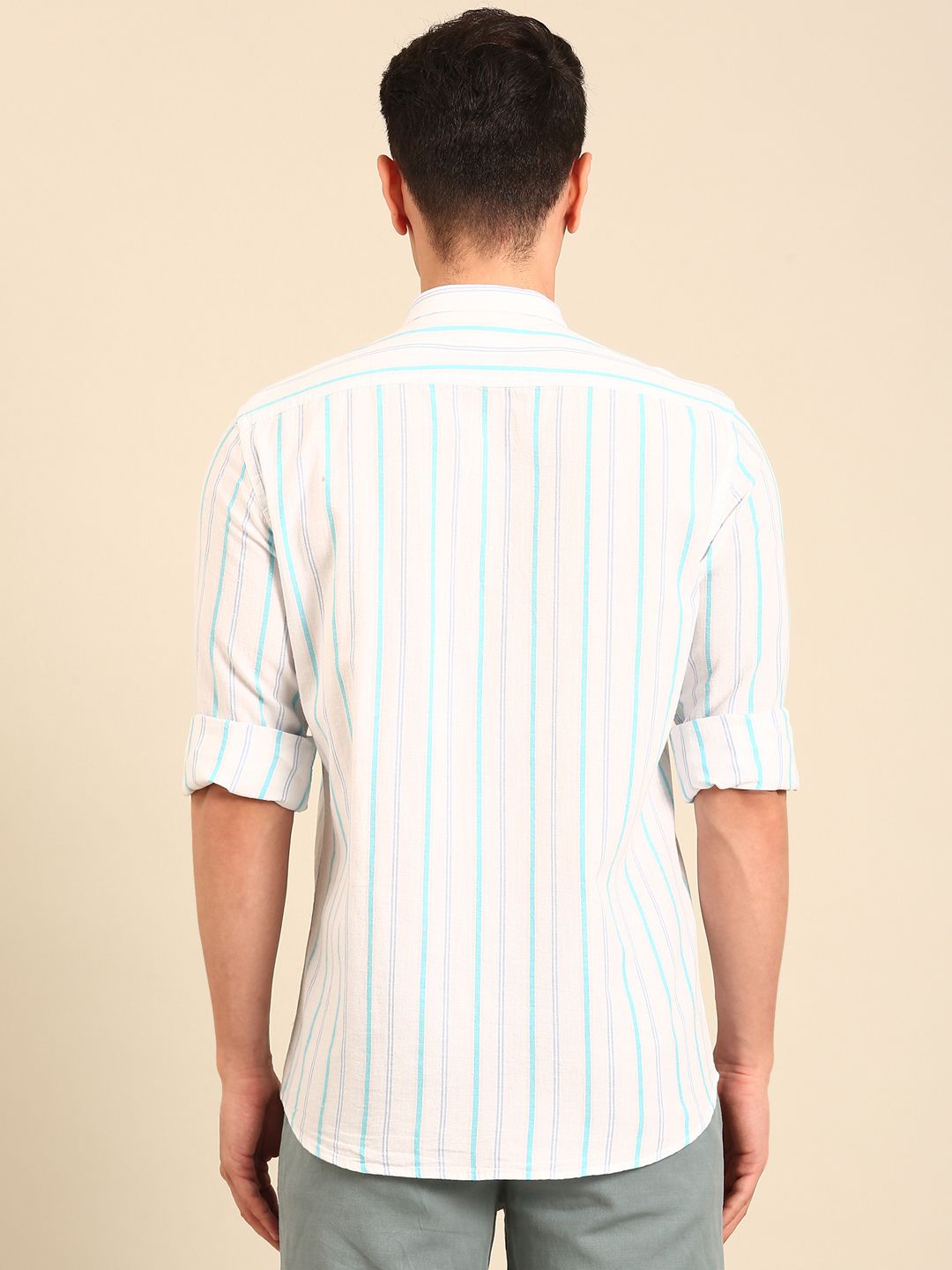 CAVALLO by Linen Club Men's Blended Linen White Striped Contemporary Fit Full Sleeve Casual Shirt
