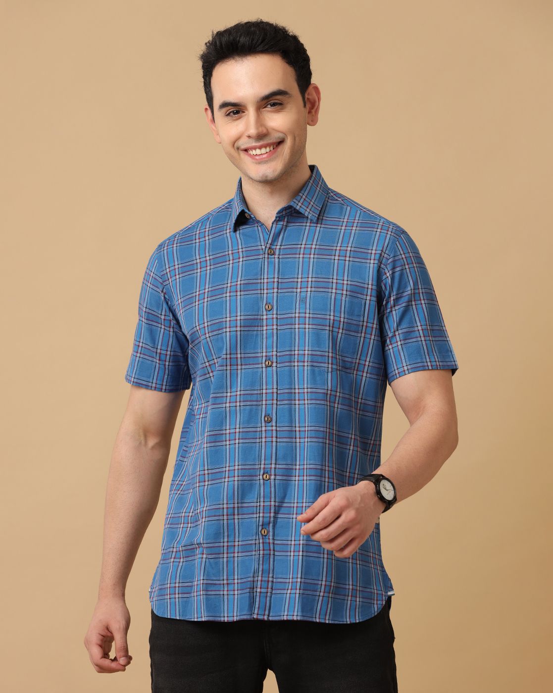 Cavallo By Linen Club Men's Blue Checked Contemporary Fit Half Sleeve Casual Shirt