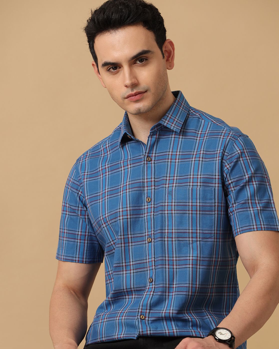 Cavallo By Linen Club Men's Blue Checked Contemporary Fit Half Sleeve Casual Shirt