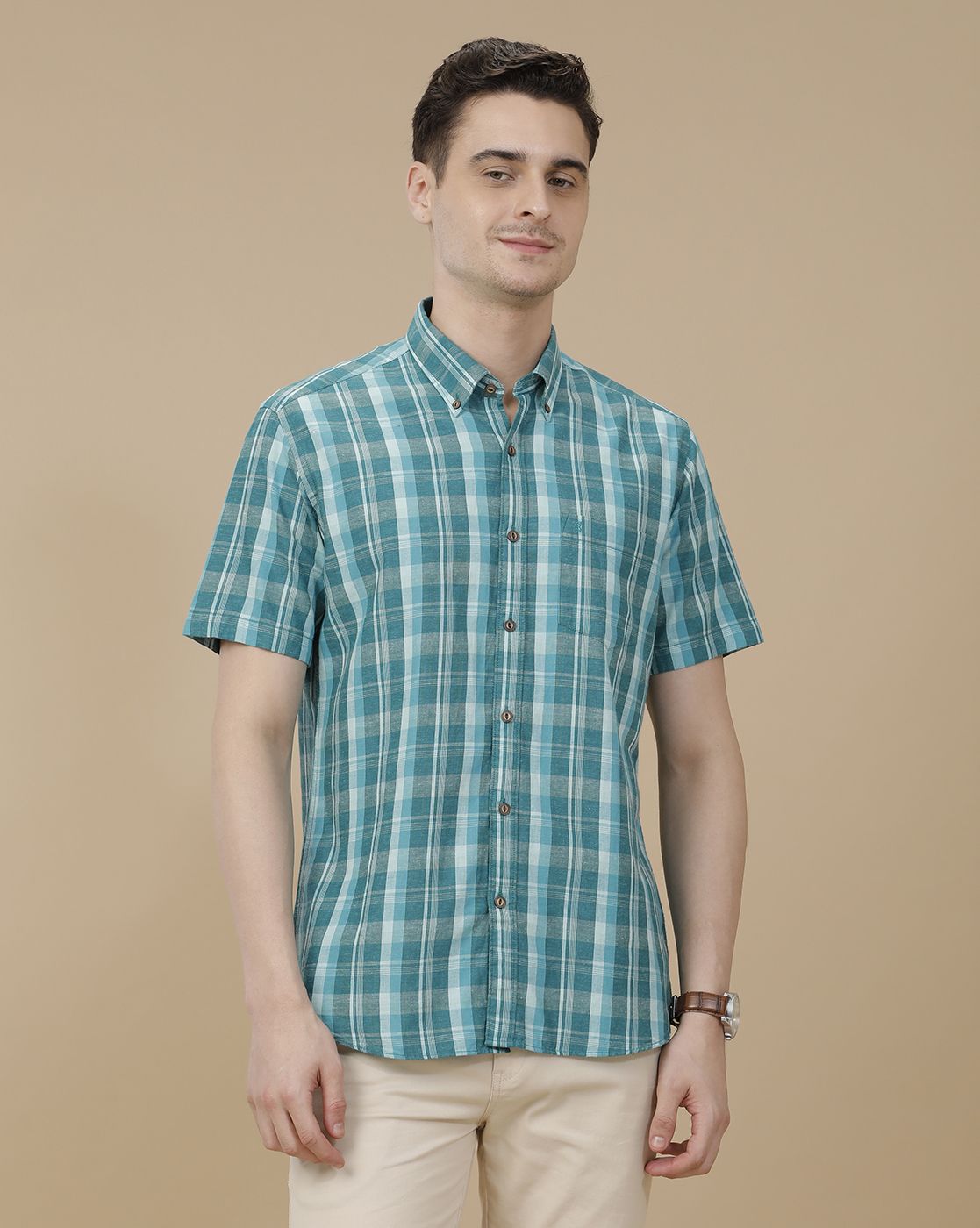 CAVALLO by Linen Club Men's Blended Linen Green Checked Contemporary Fit Half Sleeve Casual Shirt