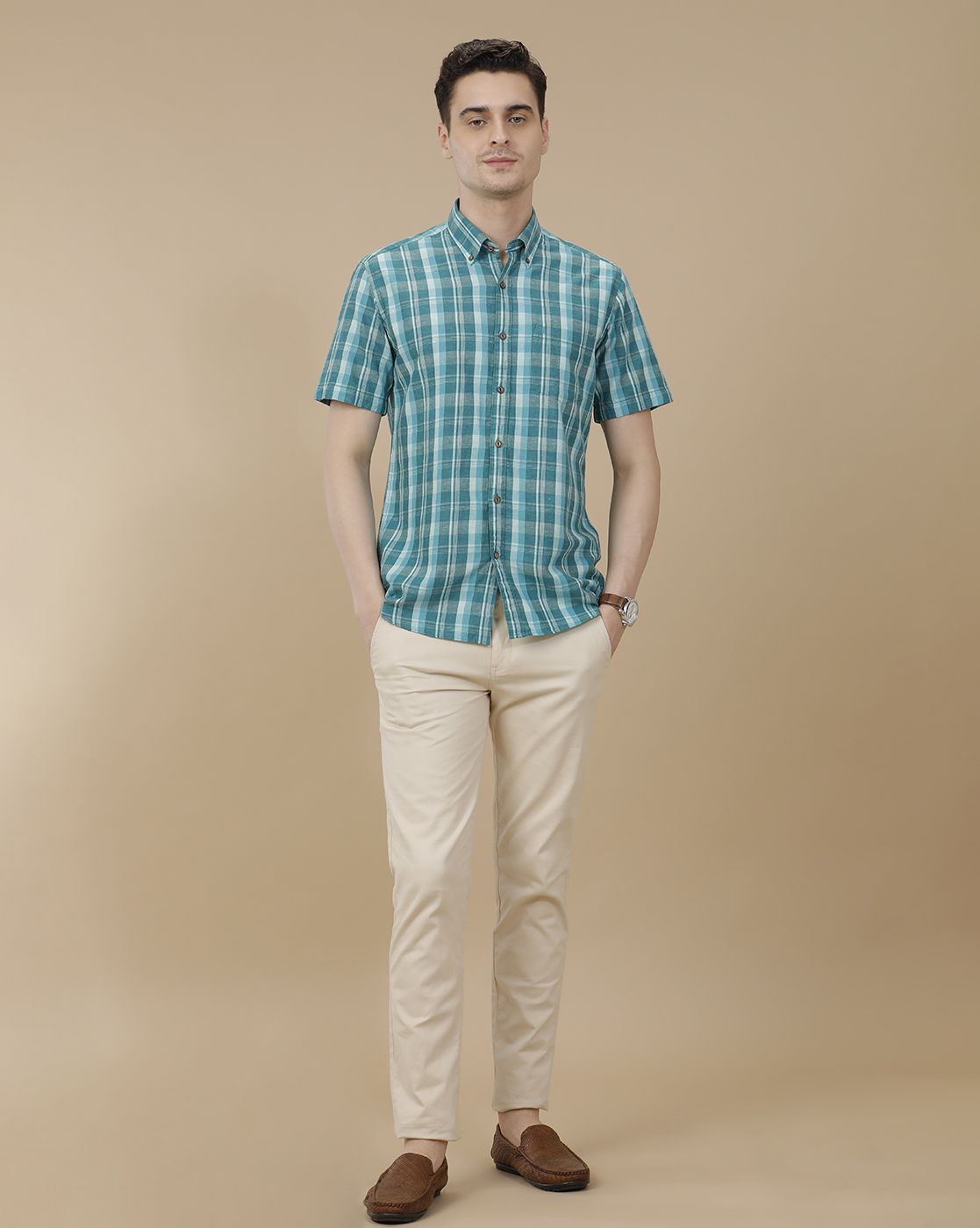CAVALLO by Linen Club Men's Blended Linen Green Checked Contemporary Fit Half Sleeve Casual Shirt