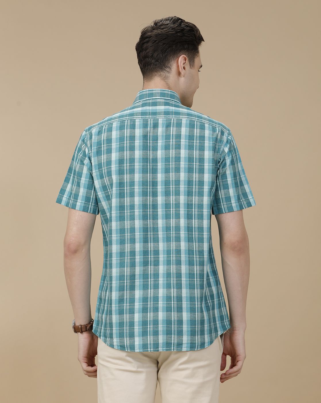 CAVALLO by Linen Club Men's Blended Linen Green Checked Contemporary Fit Half Sleeve Casual Shirt