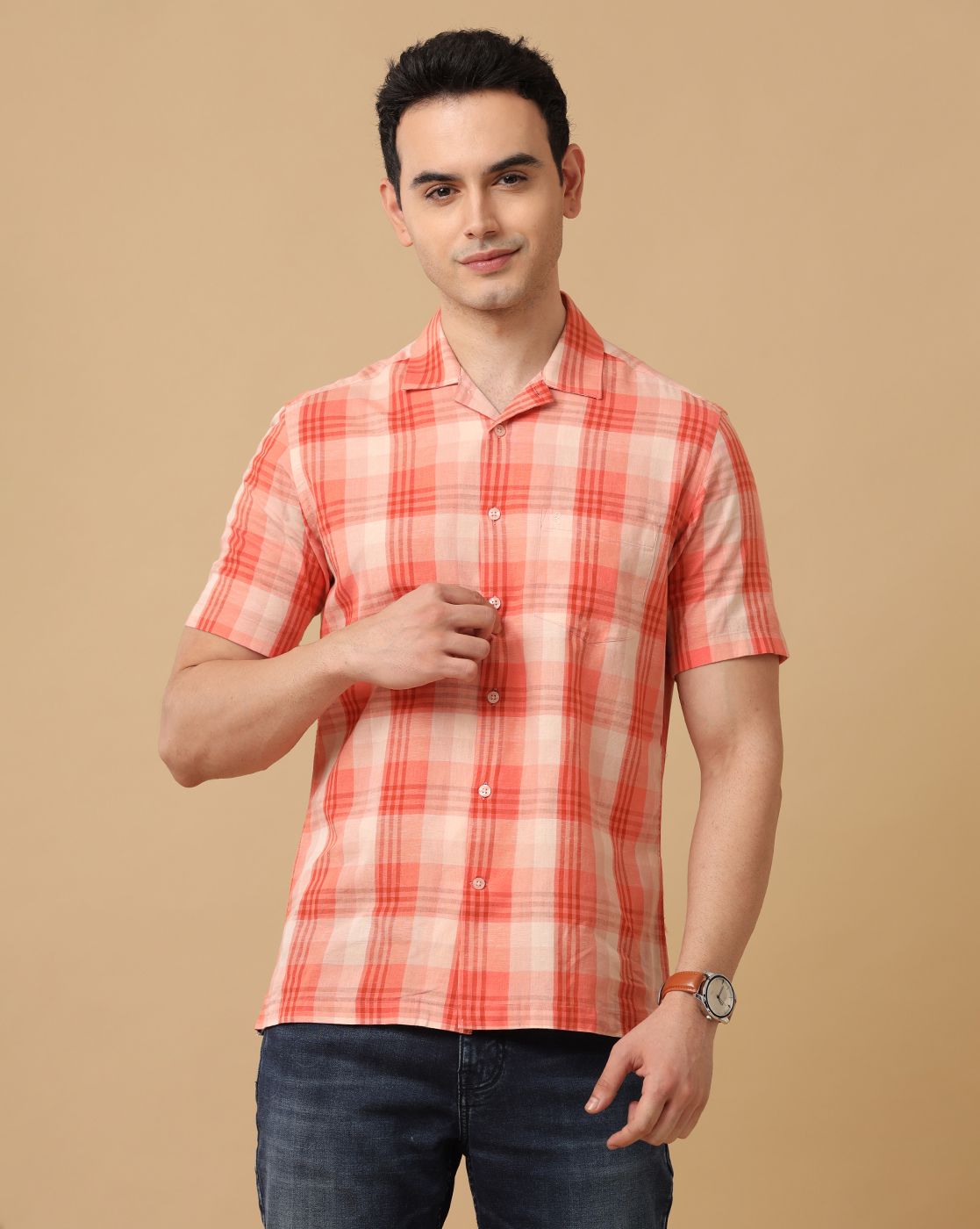 Cavallo By Linen Club Men's Orange Checked Contemporary Fit Half Sleeve Casual Shirt