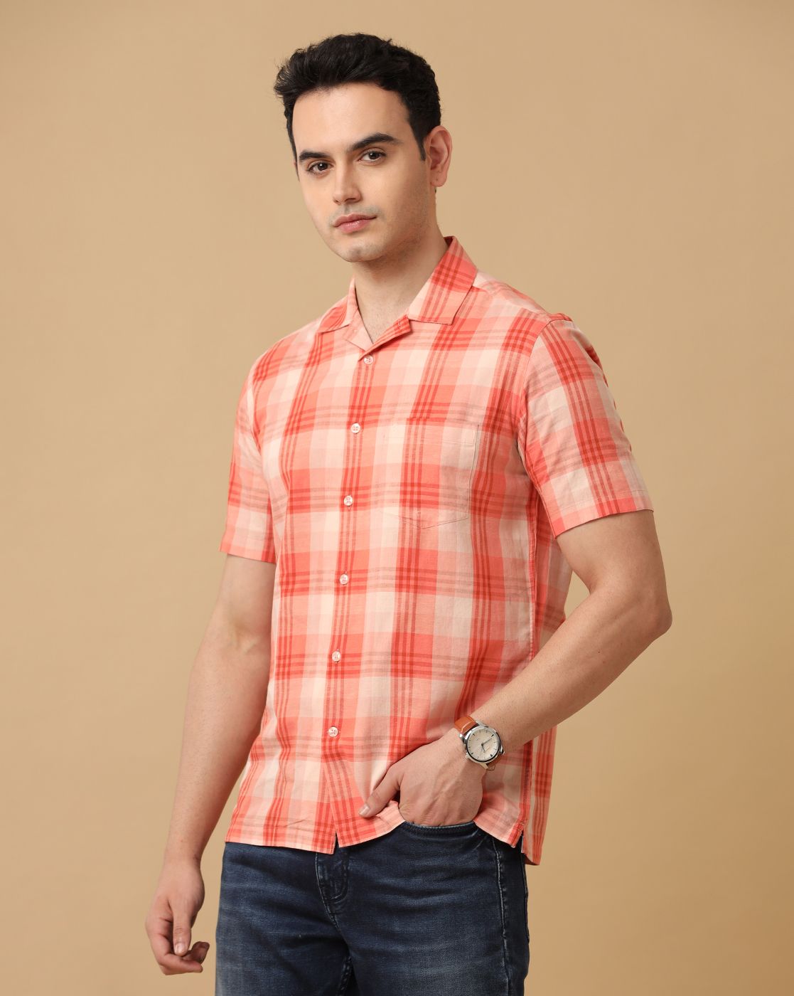 Cavallo By Linen Club Men's Orange Checked Contemporary Fit Half Sleeve Casual Shirt