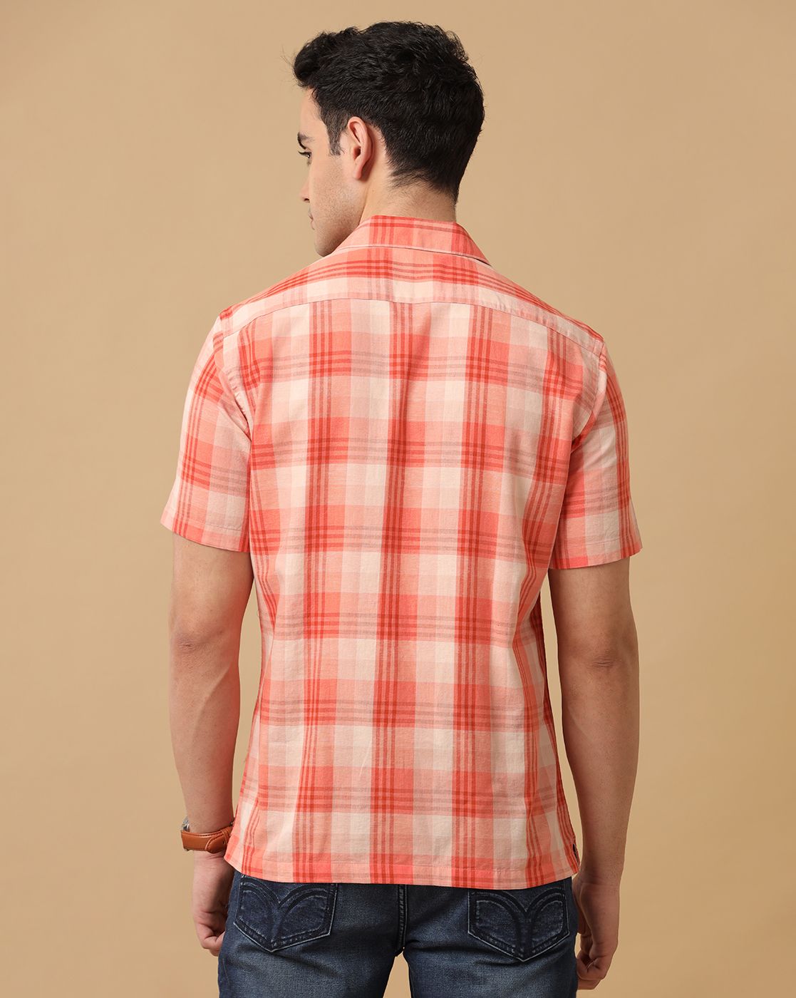 Cavallo By Linen Club Men's Orange Checked Contemporary Fit Half Sleeve Casual Shirt