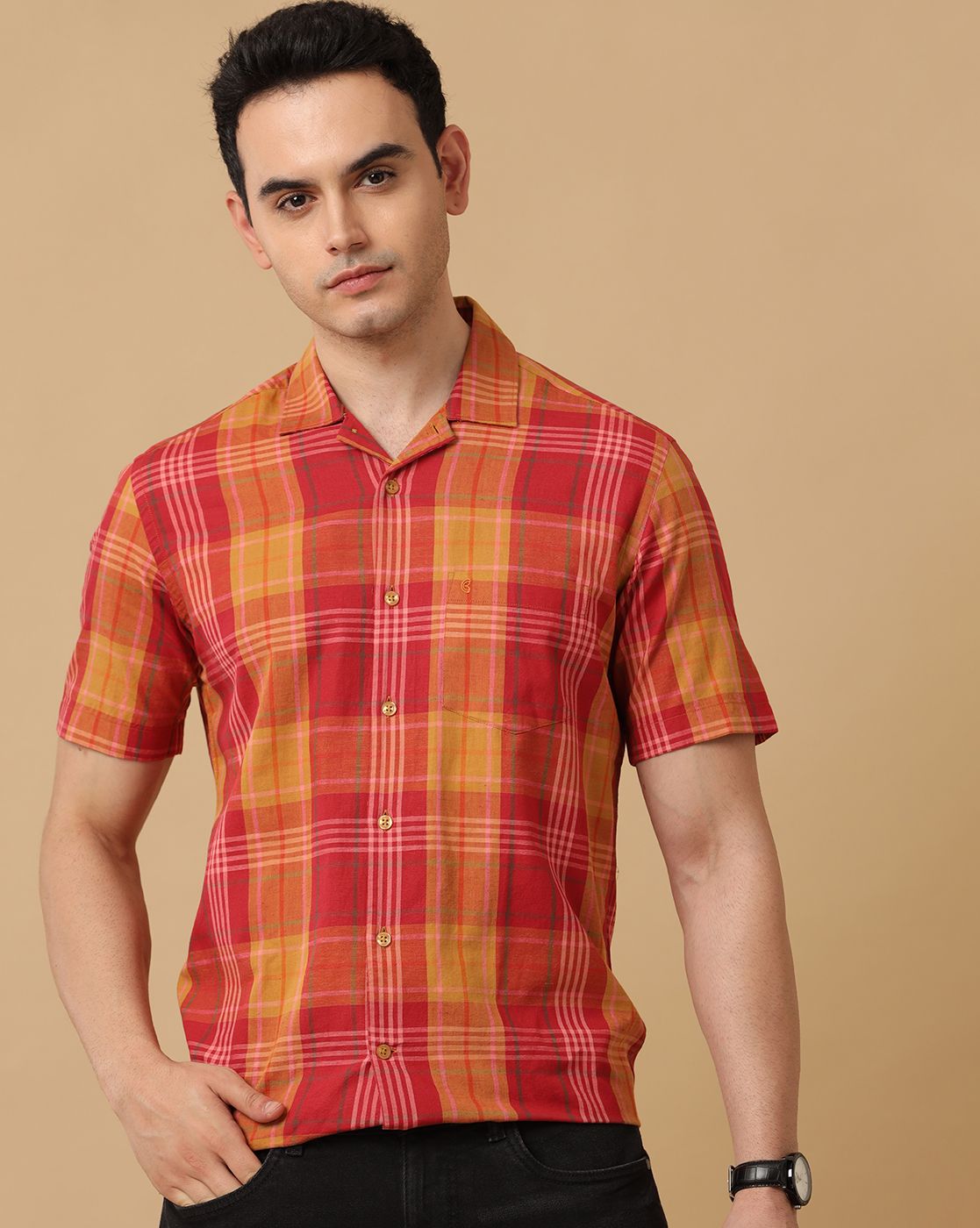 Cavallo By Linen Club Men's Red Checked Contemporary Fit Half Sleeve Casual Shirt