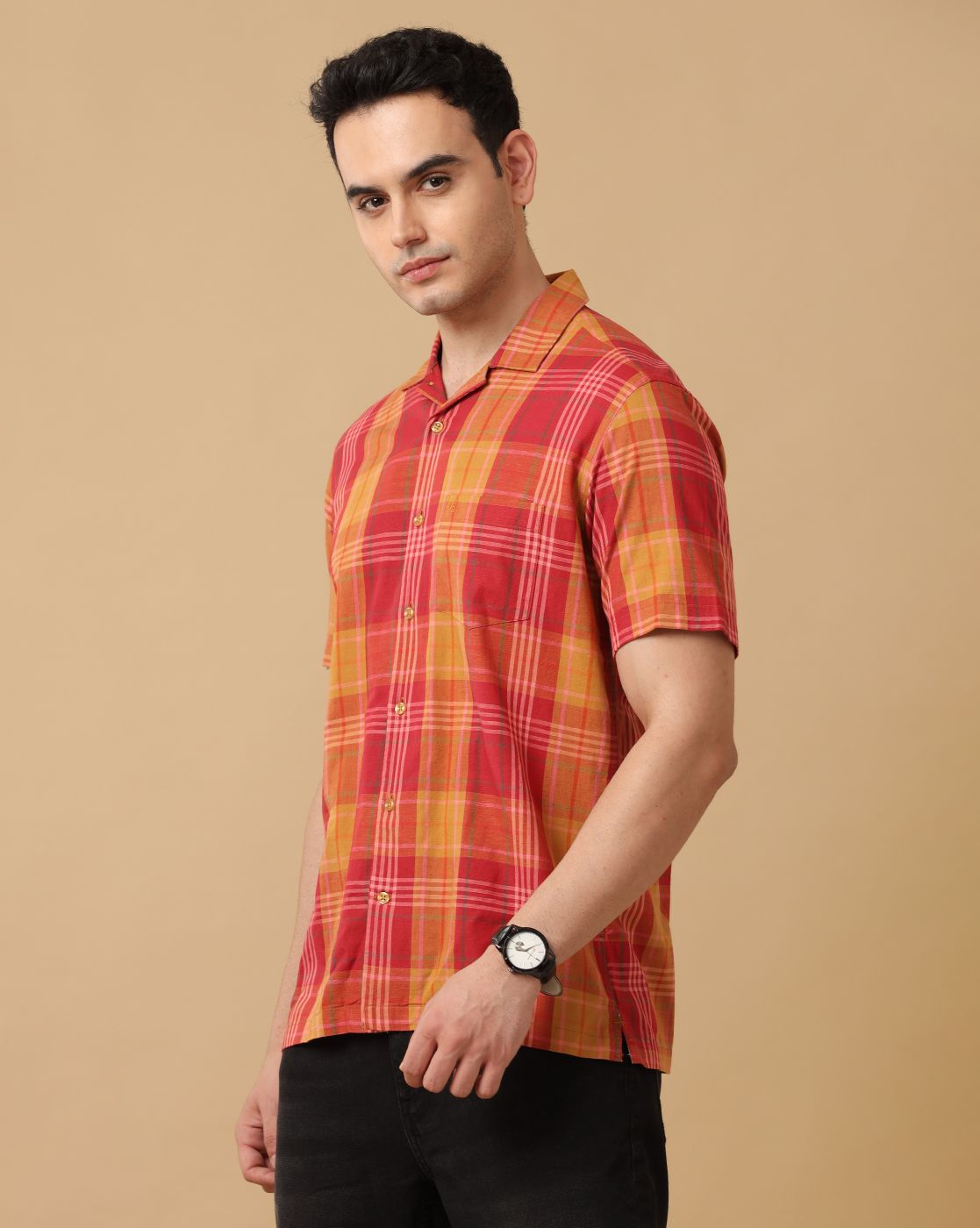 Cavallo By Linen Club Men's Red Checked Contemporary Fit Half Sleeve Casual Shirt