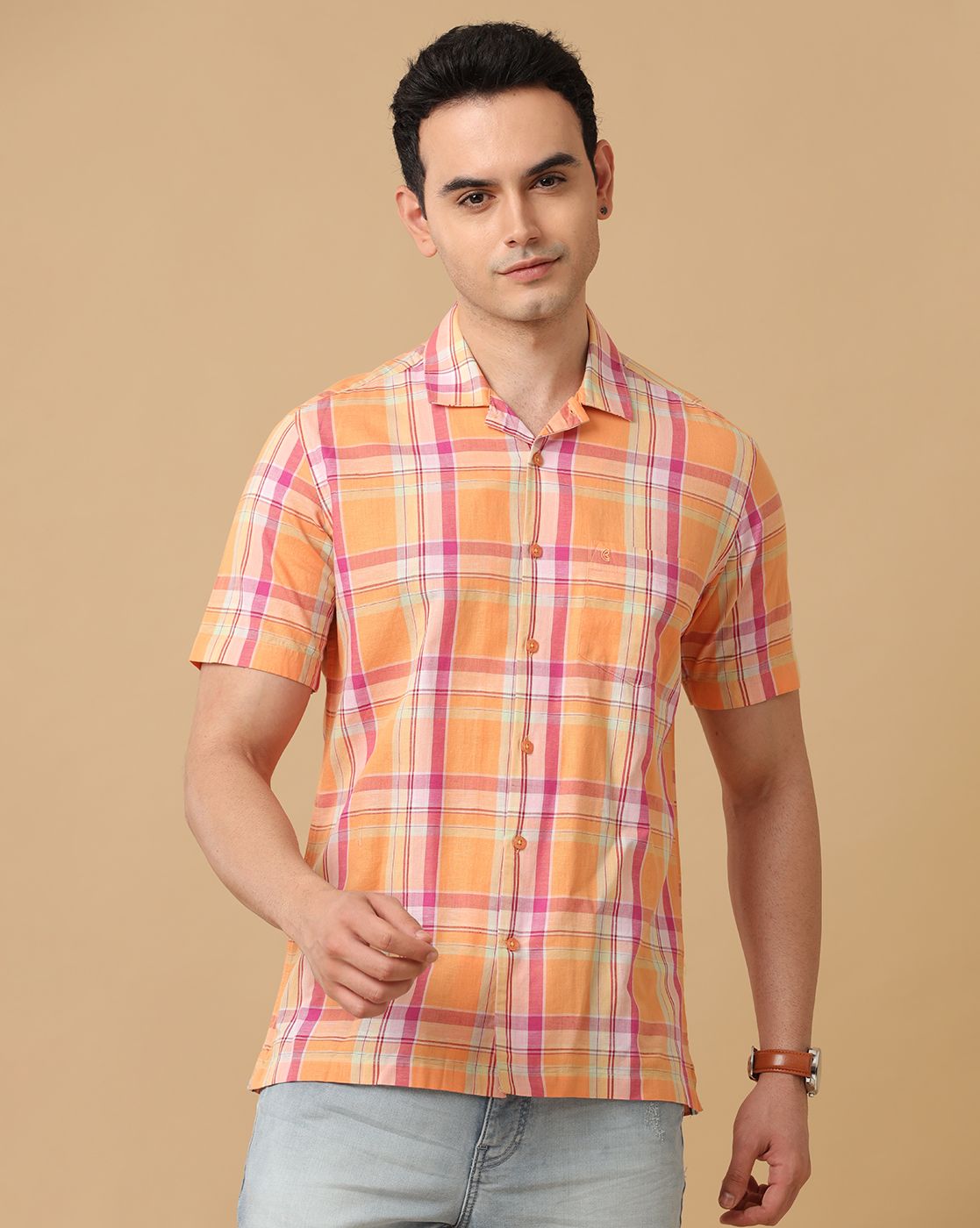 Cavallo By Linen Club Men's Orange Checked Contemporary Fit Half Sleeve Casual Shirt