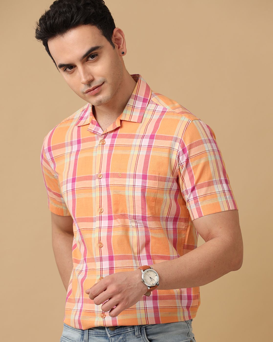 Cavallo By Linen Club Men's Orange Checked Contemporary Fit Half Sleeve Casual Shirt