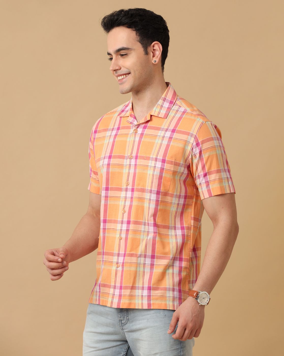 Cavallo By Linen Club Men's Orange Checked Contemporary Fit Half Sleeve Casual Shirt