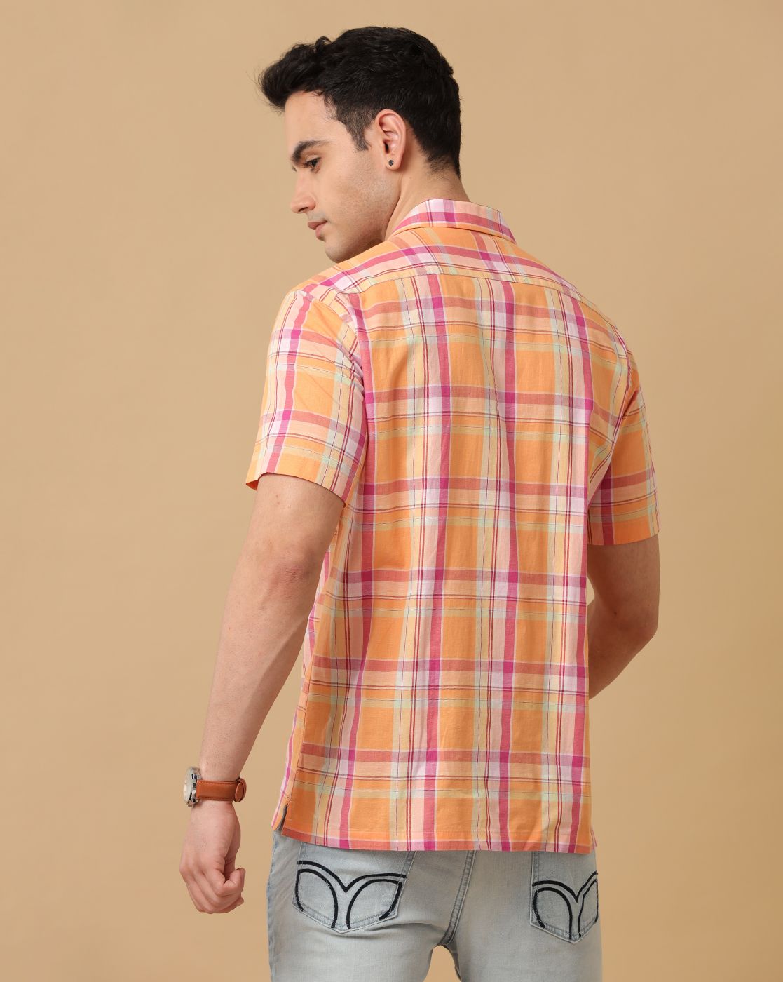 Cavallo By Linen Club Men's Orange Checked Contemporary Fit Half Sleeve Casual Shirt