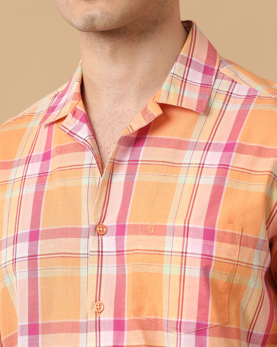 Cavallo By Linen Club Men's Orange Checked Contemporary Fit Half Sleeve Casual Shirt