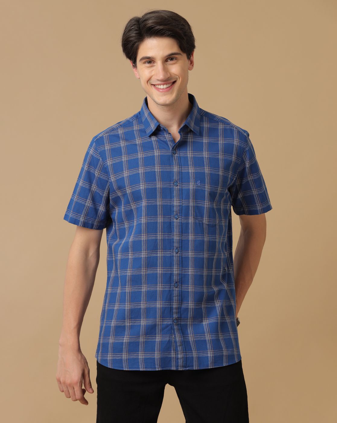 Cavallo By Linen Club Men's Blue Checked Contemporary Fit Half Sleeve Casual Shirt