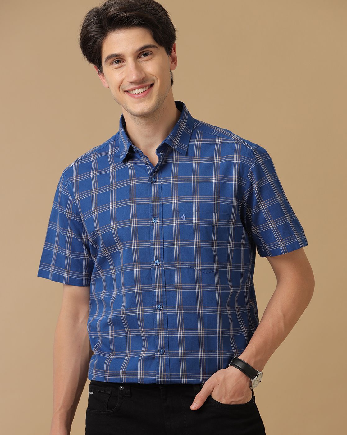 Cavallo By Linen Club Men's Blue Checked Contemporary Fit Half Sleeve Casual Shirt