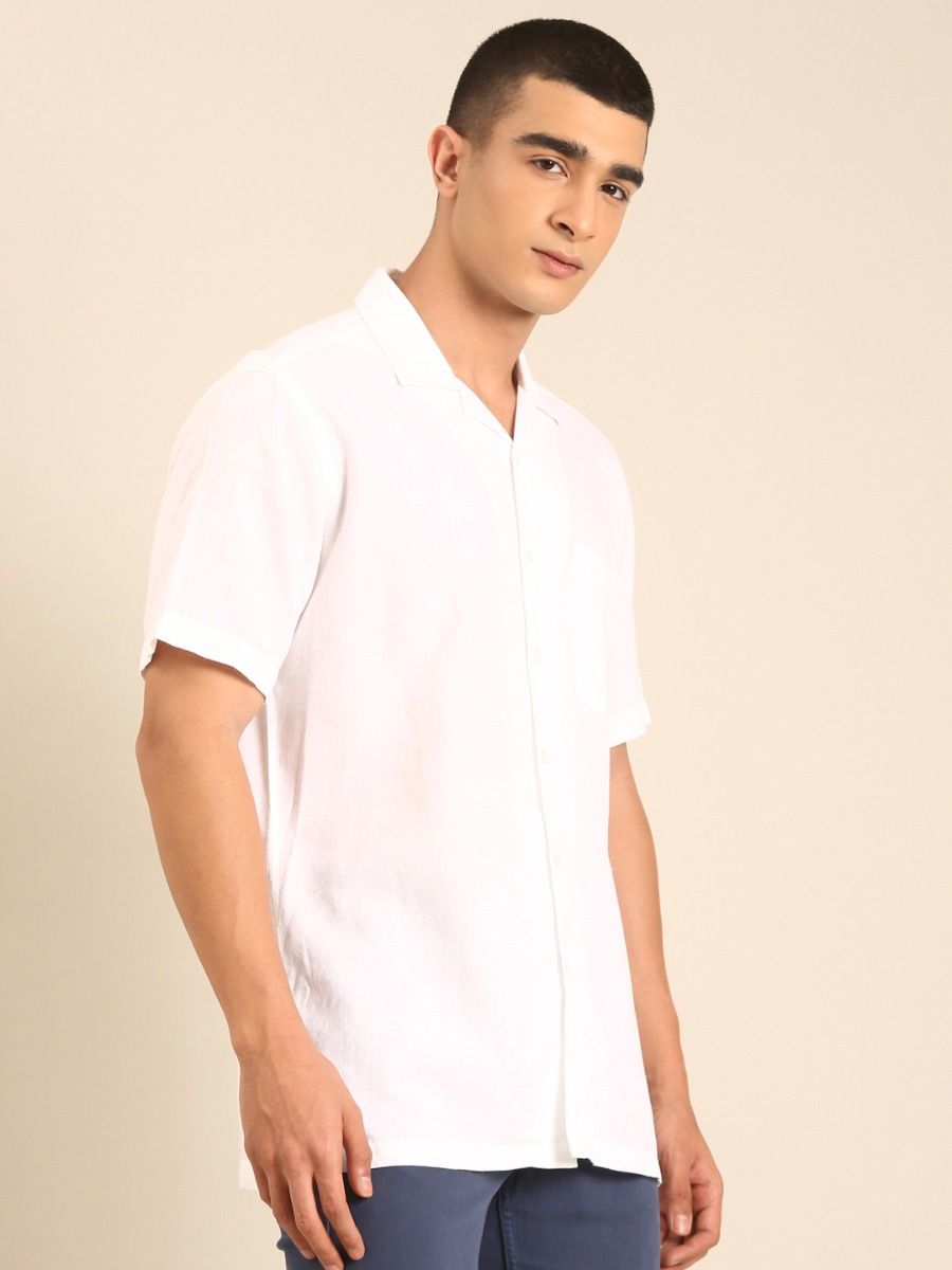 CAVALLO by Linen Club Men's Blended Linen White Printed Contemporary Fit Half Sleeve Casual Shirt
