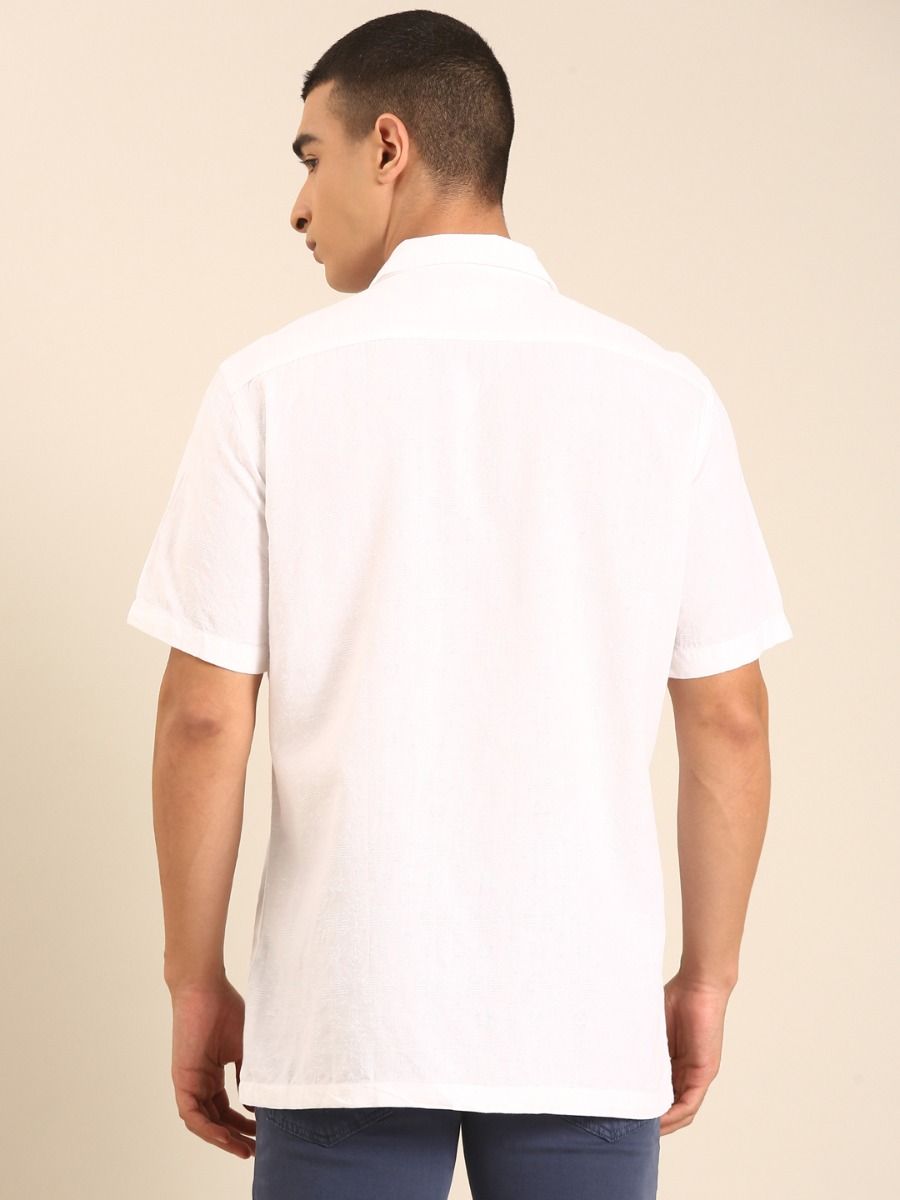 CAVALLO by Linen Club Men's Blended Linen White Printed Contemporary Fit Half Sleeve Casual Shirt