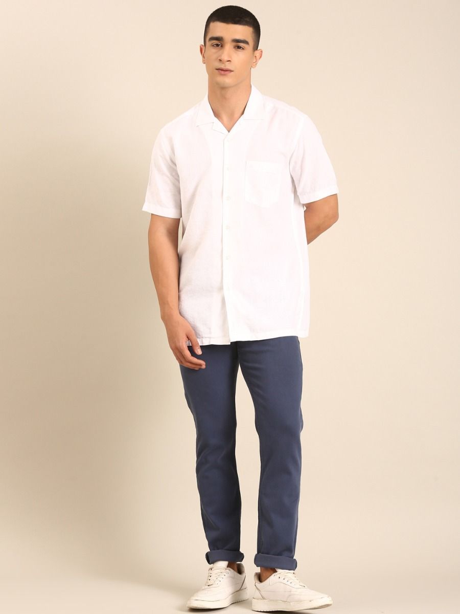 CAVALLO by Linen Club Men's Blended Linen White Printed Contemporary Fit Half Sleeve Casual Shirt