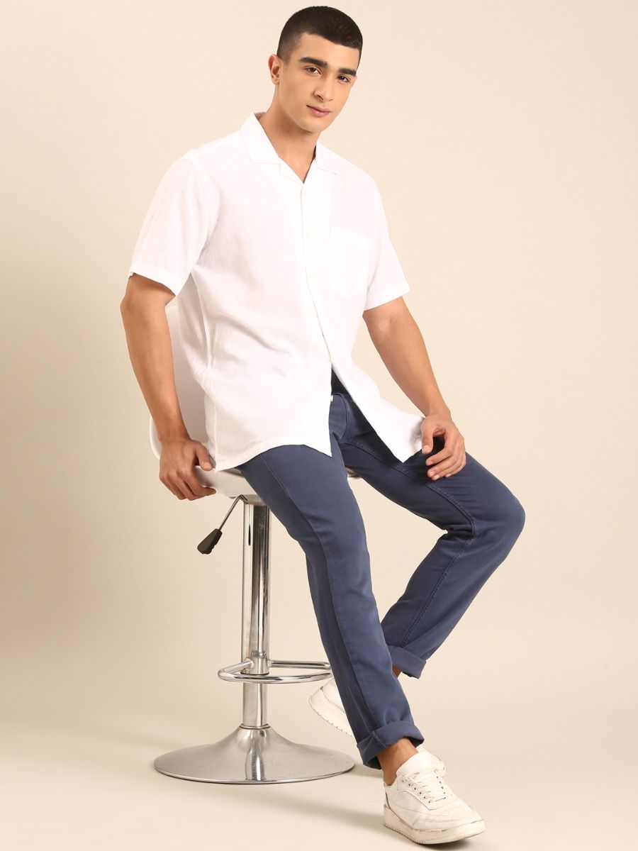 CAVALLO by Linen Club Men's Blended Linen White Printed Contemporary Fit Half Sleeve Casual Shirt