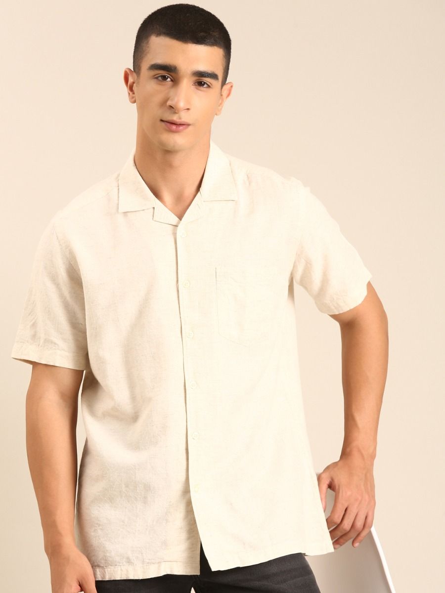 CAVALLO by Linen Club Men's Blended Linen Off White Printed Contemporary Fit Half Sleeve Casual Shirt