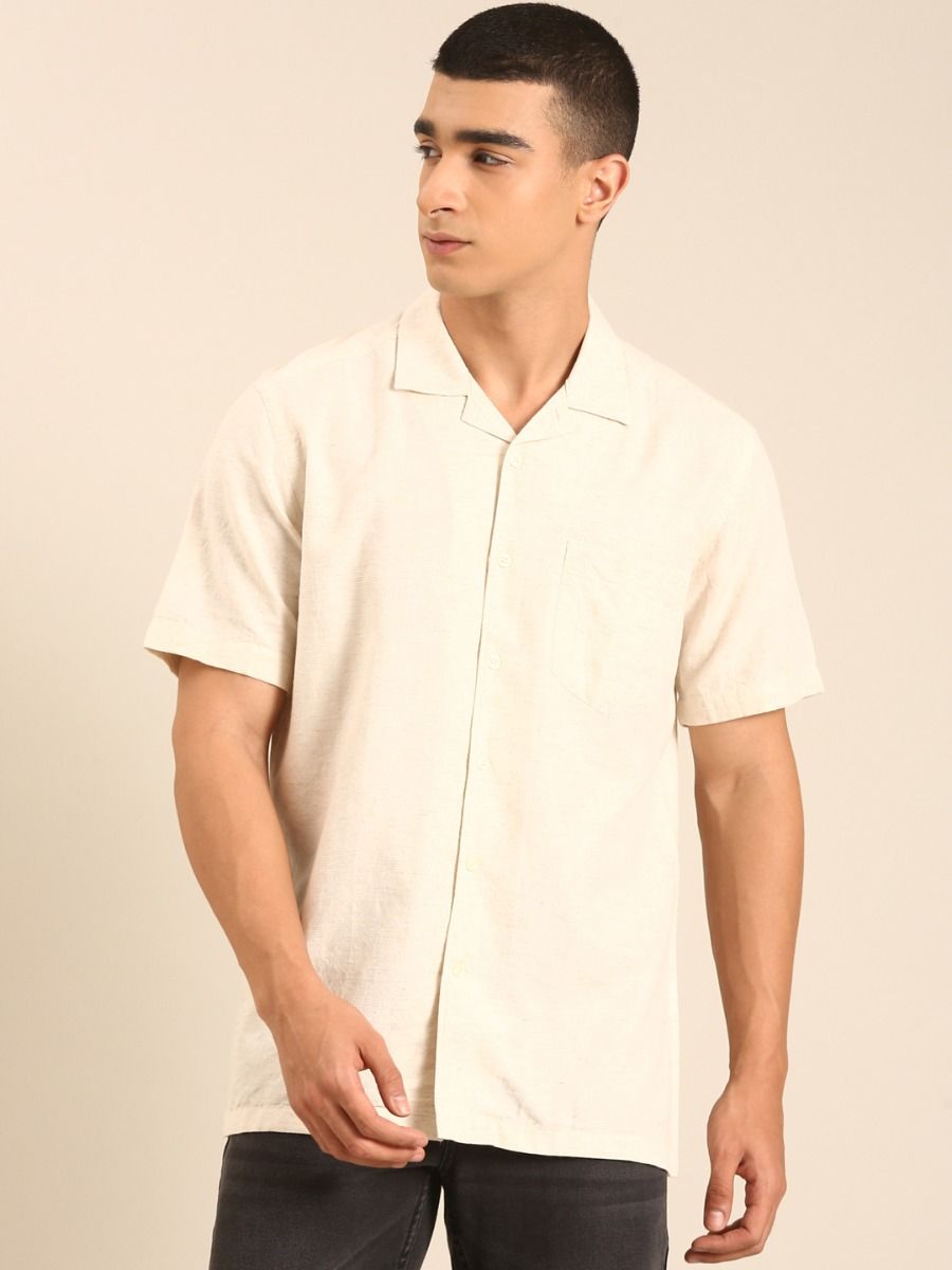 CAVALLO by Linen Club Men's Blended Linen Off White Printed Contemporary Fit Half Sleeve Casual Shirt