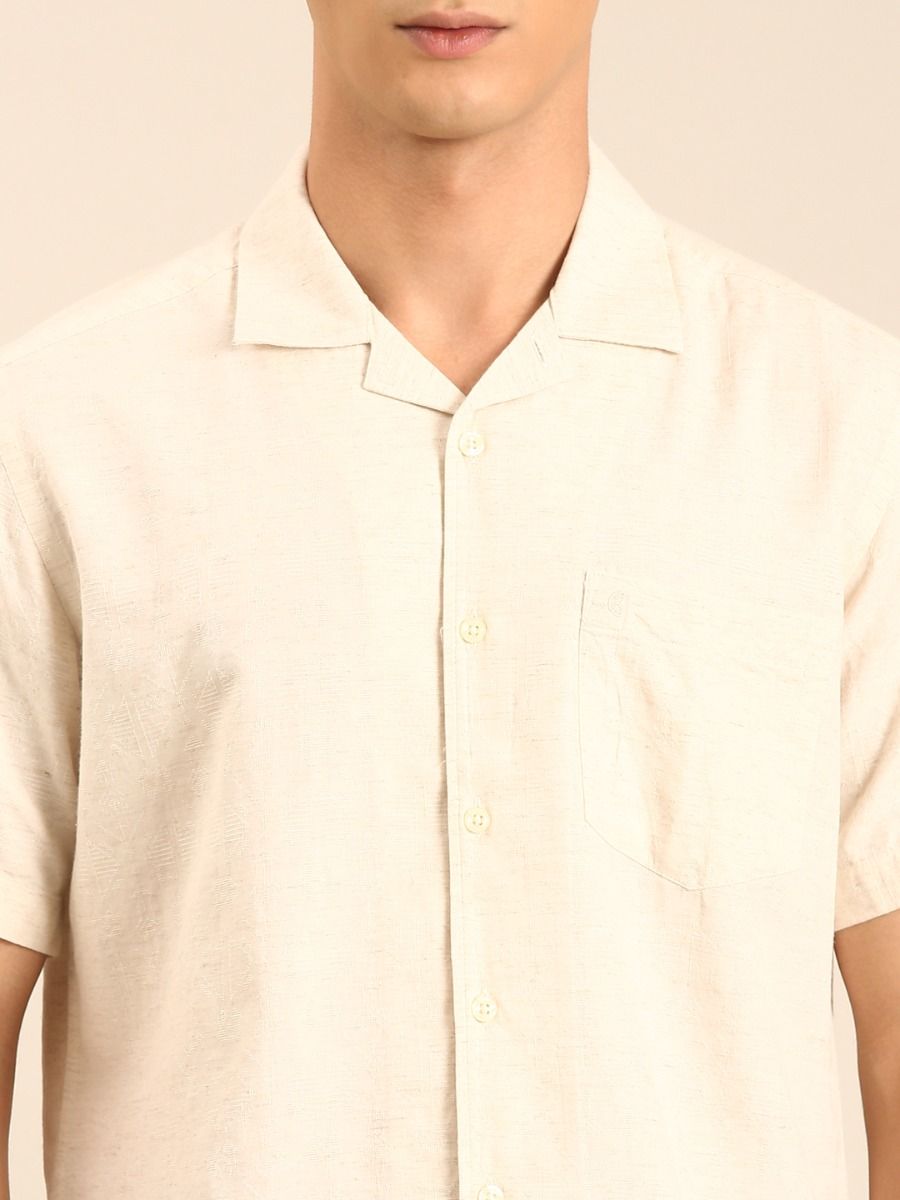 CAVALLO by Linen Club Men's Blended Linen Off White Printed Contemporary Fit Half Sleeve Casual Shirt