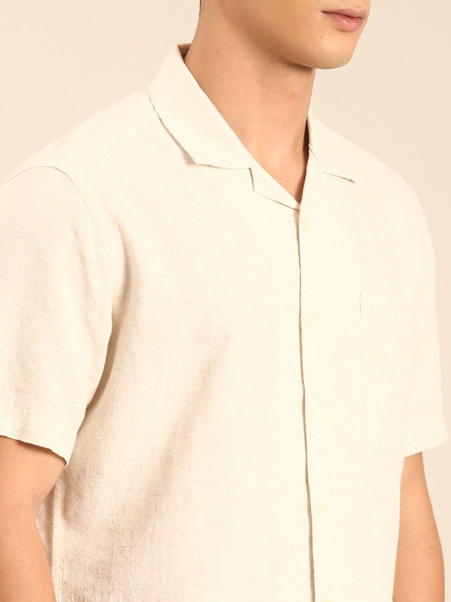 CAVALLO by Linen Club Men's Blended Linen Off White Printed Contemporary Fit Half Sleeve Casual Shirt