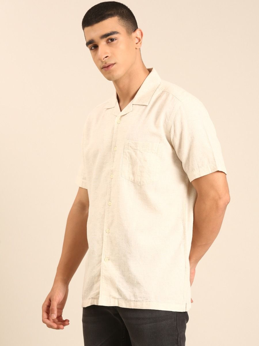 CAVALLO by Linen Club Men's Blended Linen Off White Printed Contemporary Fit Half Sleeve Casual Shirt