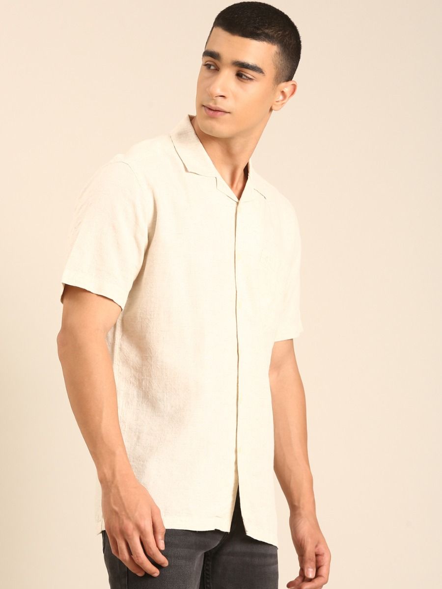 CAVALLO by Linen Club Men's Blended Linen Off White Printed Contemporary Fit Half Sleeve Casual Shirt