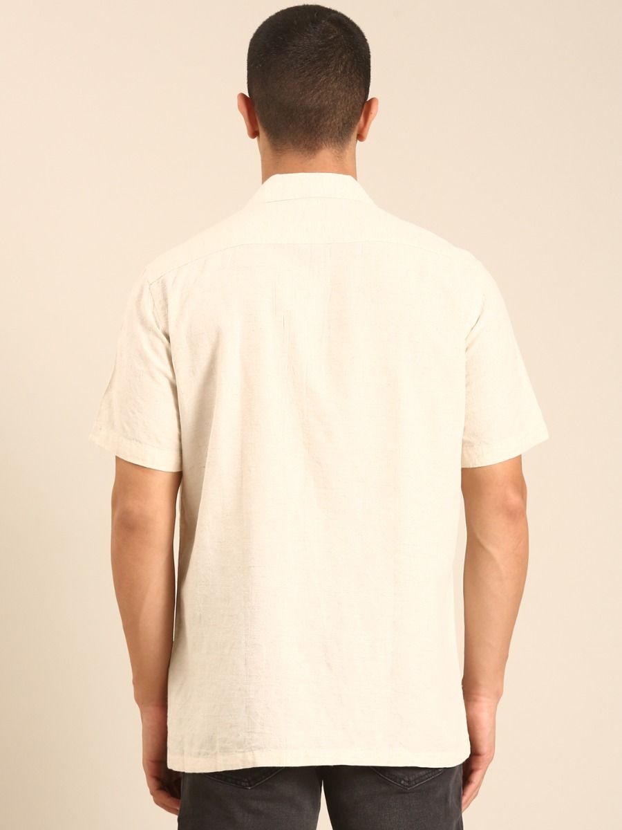 CAVALLO by Linen Club Men's Blended Linen Off White Printed Contemporary Fit Half Sleeve Casual Shirt