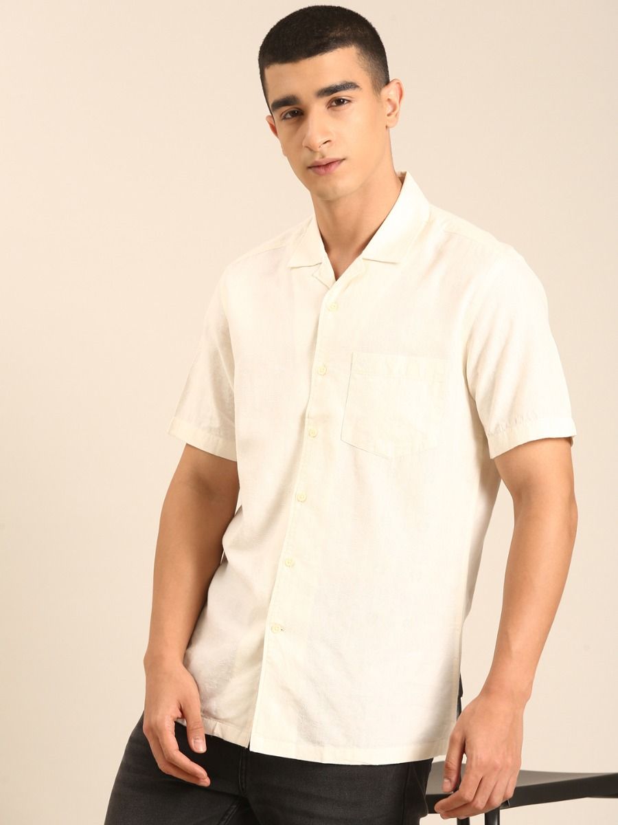 CAVALLO by Linen Club Men's Blended Linen Off White Printed Contemporary Fit Half Sleeve Casual Shirt