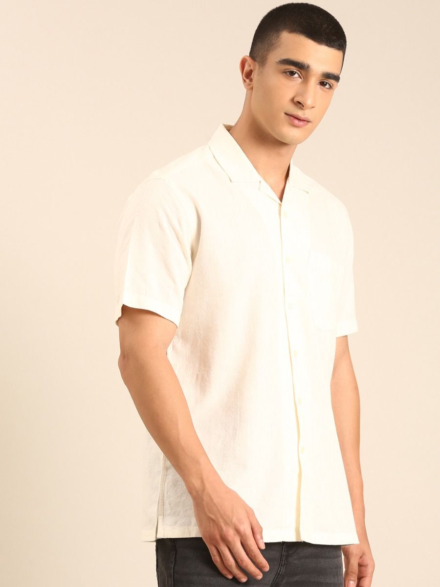 CAVALLO by Linen Club Men's Blended Linen Off White Printed Contemporary Fit Half Sleeve Casual Shirt