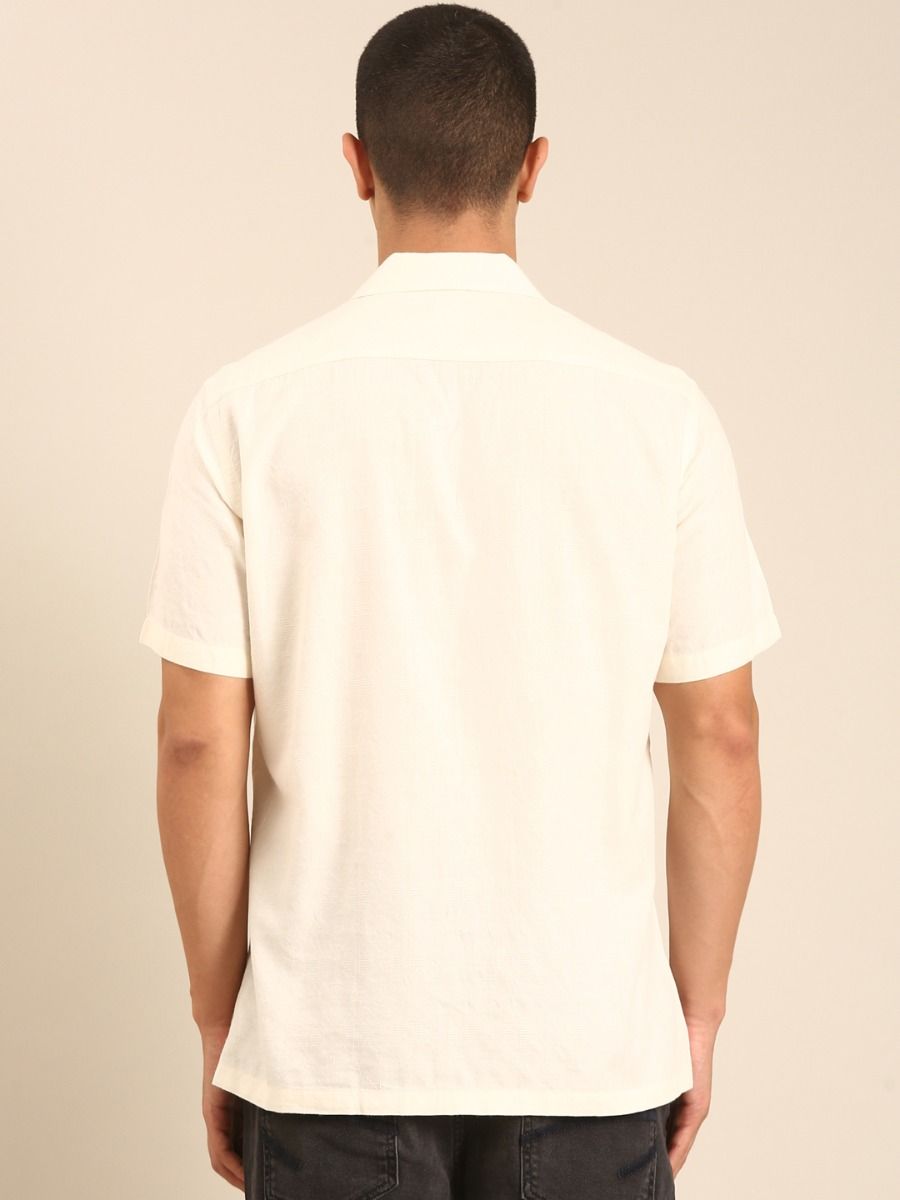 CAVALLO by Linen Club Men's Blended Linen Off White Printed Contemporary Fit Half Sleeve Casual Shirt