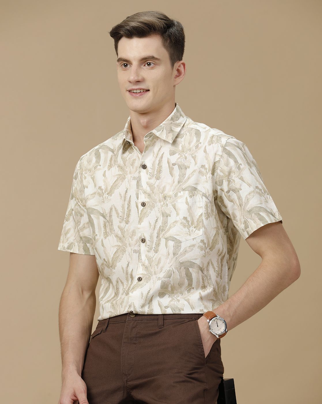 Men's Blended Linen Beige Printed Contemporary Fit Half Sleeve Casual Shirt