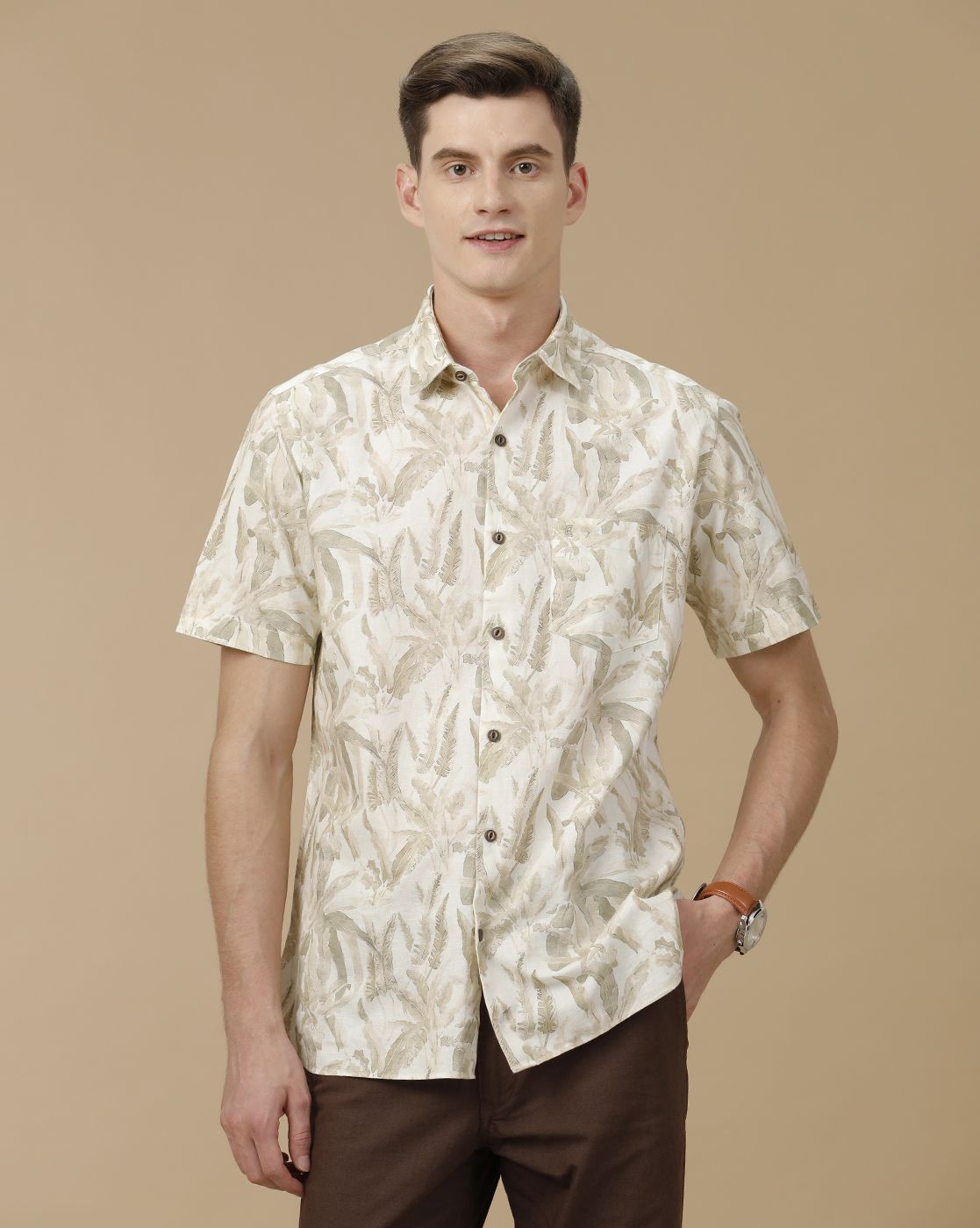Men's Blended Linen Beige Printed Contemporary Fit Half Sleeve Casual Shirt