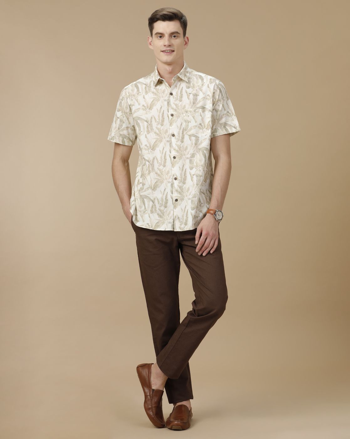 Men's Blended Linen Beige Printed Contemporary Fit Half Sleeve Casual Shirt
