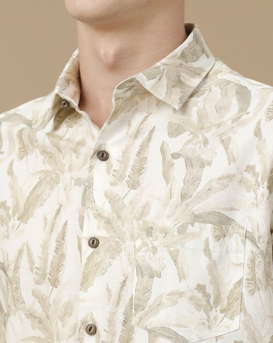 Men's Blended Linen Beige Printed Contemporary Fit Half Sleeve Casual Shirt