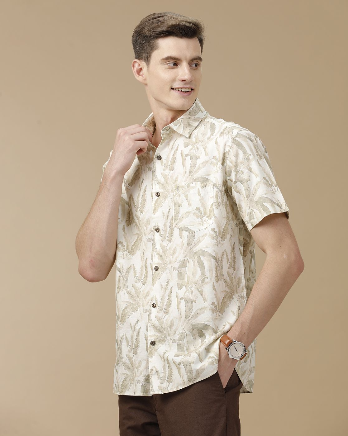 Men's Blended Linen Beige Printed Contemporary Fit Half Sleeve Casual Shirt