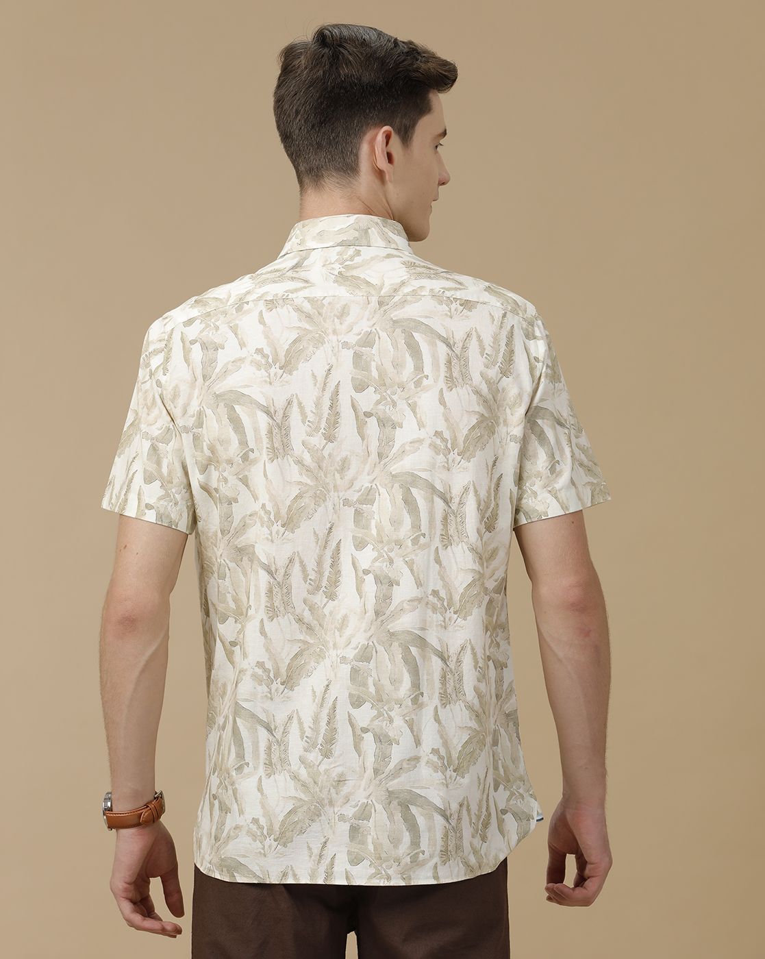 Men's Blended Linen Beige Printed Contemporary Fit Half Sleeve Casual Shirt