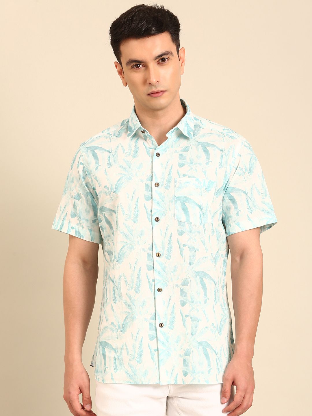 CAVALLO by Linen Club Men's Blended Linen Blue Printed Contemporary Fit Half Sleeve Casual Shirt