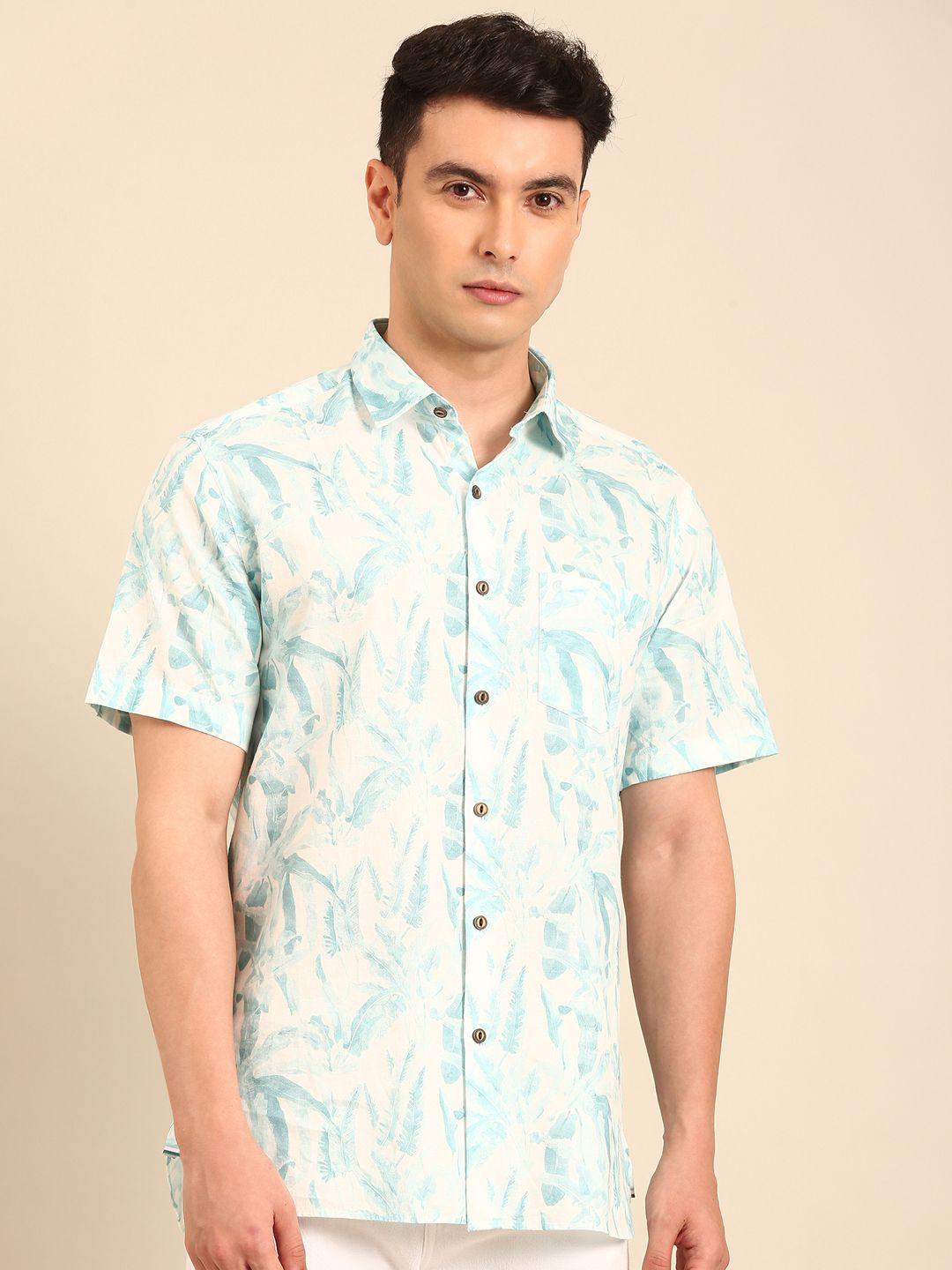 CAVALLO by Linen Club Men's Blended Linen Blue Printed Contemporary Fit Half Sleeve Casual Shirt